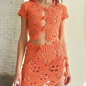 NEW TACH Orange Harmony Crochet Shirt + Cat Skirt Set